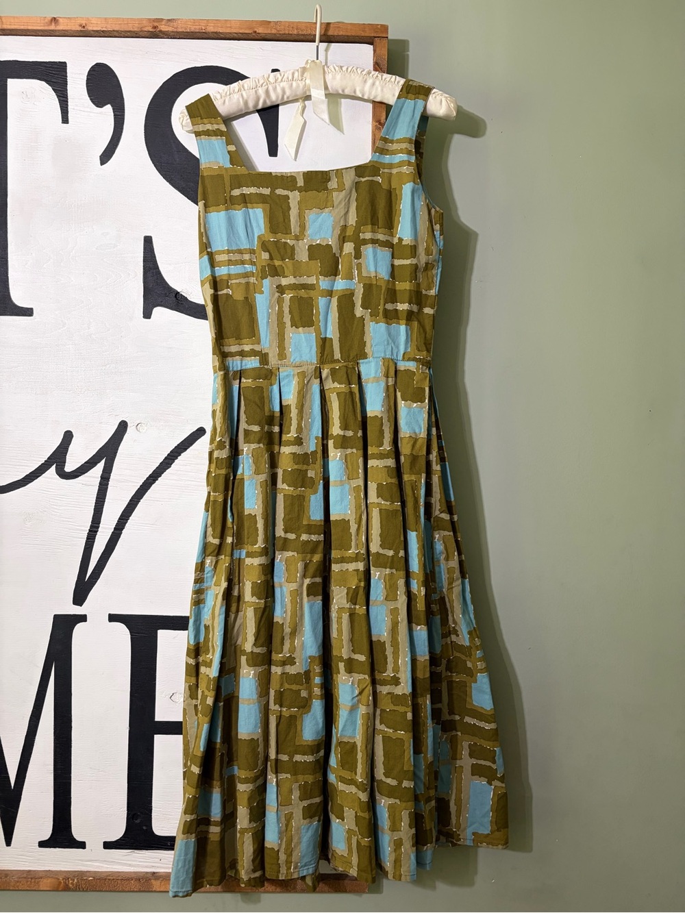 Anthro Lazy Bones Olive & Sky Blue Patterned Sleeveless Dress - Picture 6 of 6